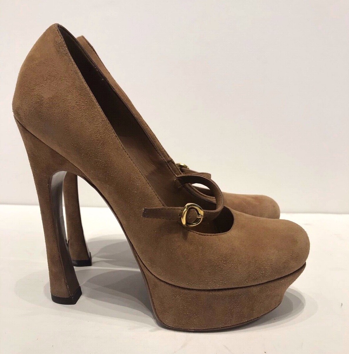 Decolte Yves Saint Laurent scamosciate marroni Mary Jane Palais platform Italia taglia 36