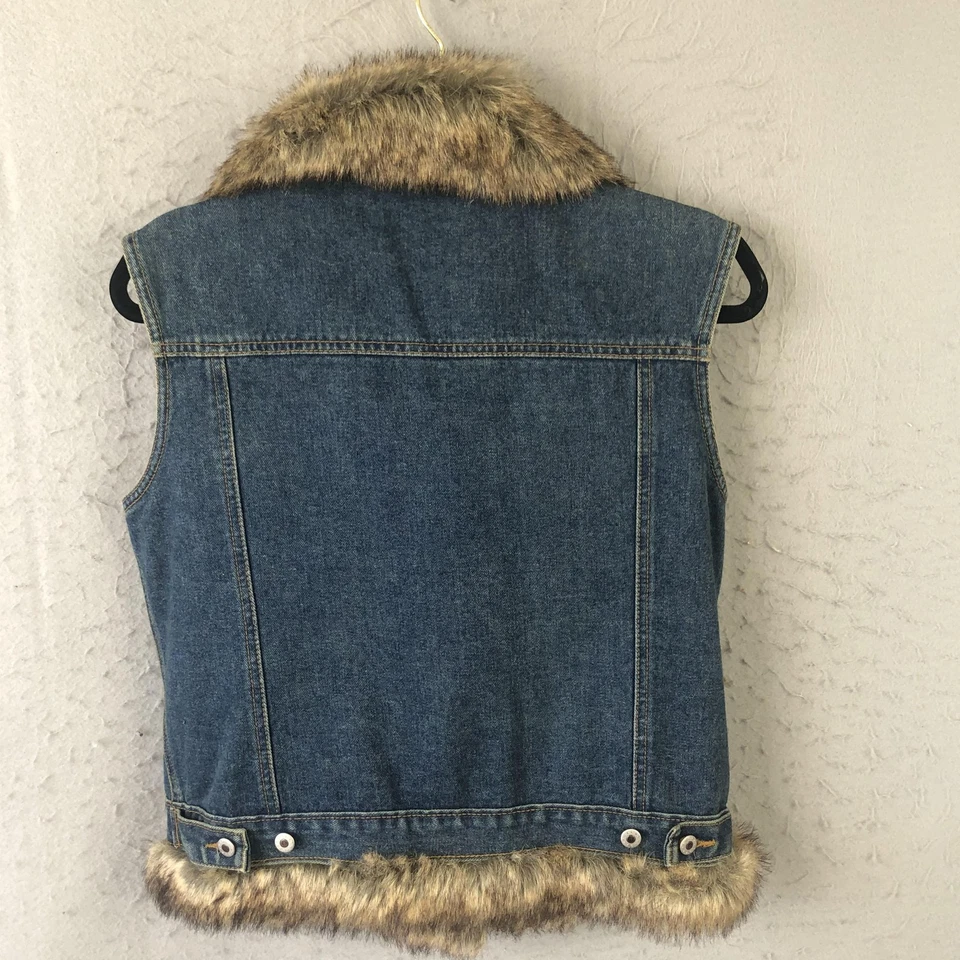 Chaleco Cruel Niña Mujer Medio Azul Denim Imitación Piel Cuello Borde Botón Delantero Y2K Foto 2 de 4