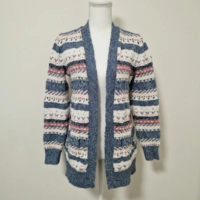 Ll Bean Strickjacke Damen XS Weiß Blau Strick Baumwolle Ragg Pullover Fair - Bild 1 von 4