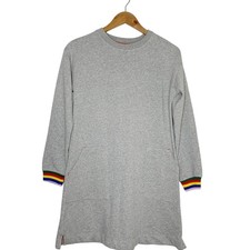 Boden Kids Heather Grey Rainbow Stripe Sweatshirt Dress Pockets 9-10Y
