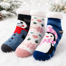 Women Snowman Snowflake Penguin Fuzzy Non-Slip Winter Thermal Slipper Socks 9-11