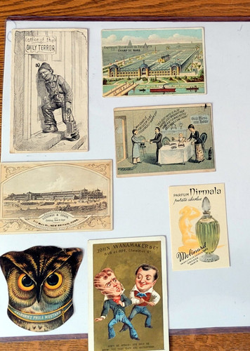 Six Victorian Trade Cards. Davis sewing Machine, Furs for Ladies, Boston Store,