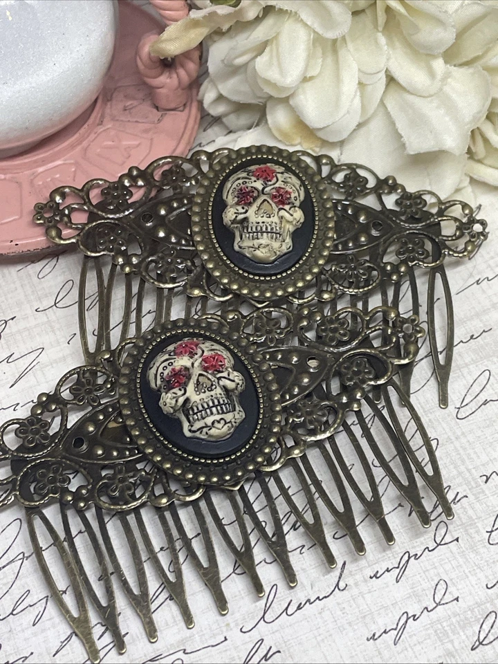 Bronze Barrette Jewelry Hair Combs Cameo Sugar Skull Gothic Day Dead Halloween - Image 4 of 4