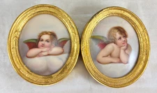 Set of 2 - Antique 3" KPM Hand Painted Porcelain Oval Plaques Cupid Cherub Angel