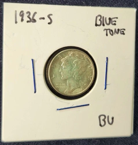 1936-S Mercury Dime Brilliant Uncirculated BU - 90% Silver 10c Blue Toning