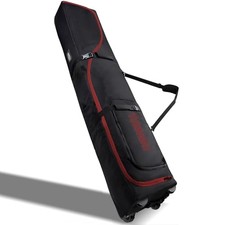 Padded Ski Bag with Wheels for Air Travel, Double Rolling Snowboard Black-Red