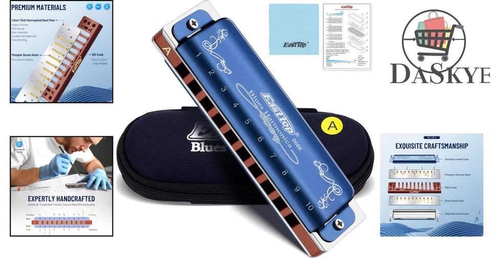 Diatonic Harmonica Key of A - 10 Holes, 20 Tones with Blue Case for Musicians - Image 2 of 4