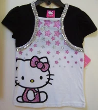 Girls Hello Kitty Black Pink White Glitter Star Shrug Tank T Shirt Top Sz 4 