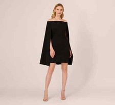 Adrianna Papell Women Black Solid Off the Shoulder Cape Dress Size 14 MOB GALA