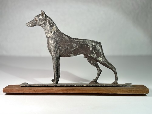 Antique Cast Iron Doberman Dog Figurine Circa 1900 Original Mounted Wood Base