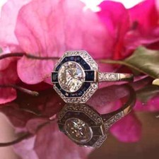 Art Deco Revival 2.02 Carat White CZ  Blue Sapphire 925 Silver Engagement Ring