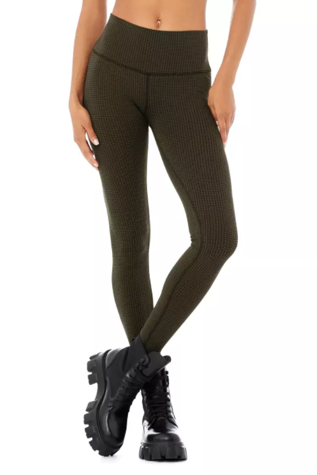 ALO Yoga Women's High Waist Micro Houndstooth Legging in Olive/Black Size  SMALL