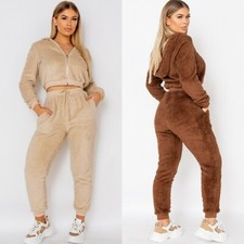 Women Solid Teddy Fur Long Sleeve Hooded Casual Sport Two Piece Pants Set Outfit