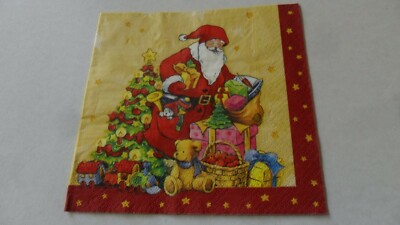 4 Servietten, 33cm, Weihnachtsmann bereitet Bescherung vor