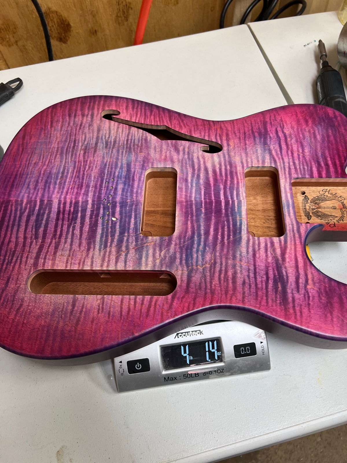 Holy Grail Guitars Tele Style Guitar Body “Purple Flames”Flamed Maple p90