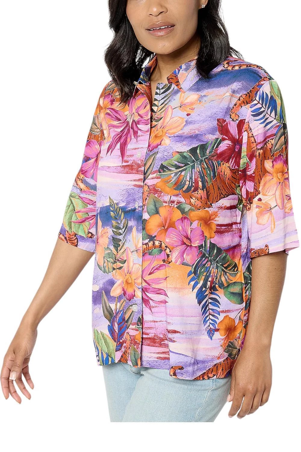 Attitudes by Renee Women's Printed Woven Cabana Shirt Miami Tigerland