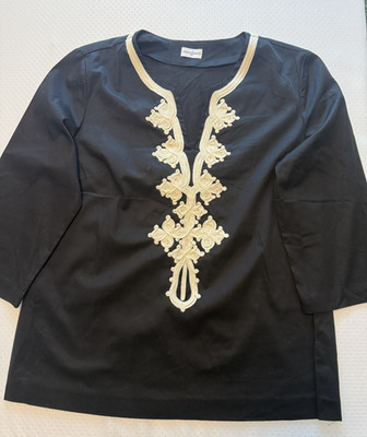 Stylish embroidered women Boho chic top, 3/4 sleeves, black, cotton, size L.
