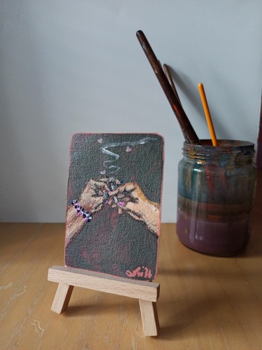 ACEO Women Smoke Pass Pink Nails Bead Miniature Hand Painted Acrylic By O.MyLore