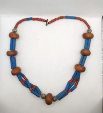 Vintage Berber Moroccan Necklace Blue Beads Amber Resin Ethnic Tribal Statement