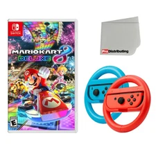 Mario Kart 8 Deluxe, Joy-Con Steering Wheel Set and Cleaning Cloth Bundle