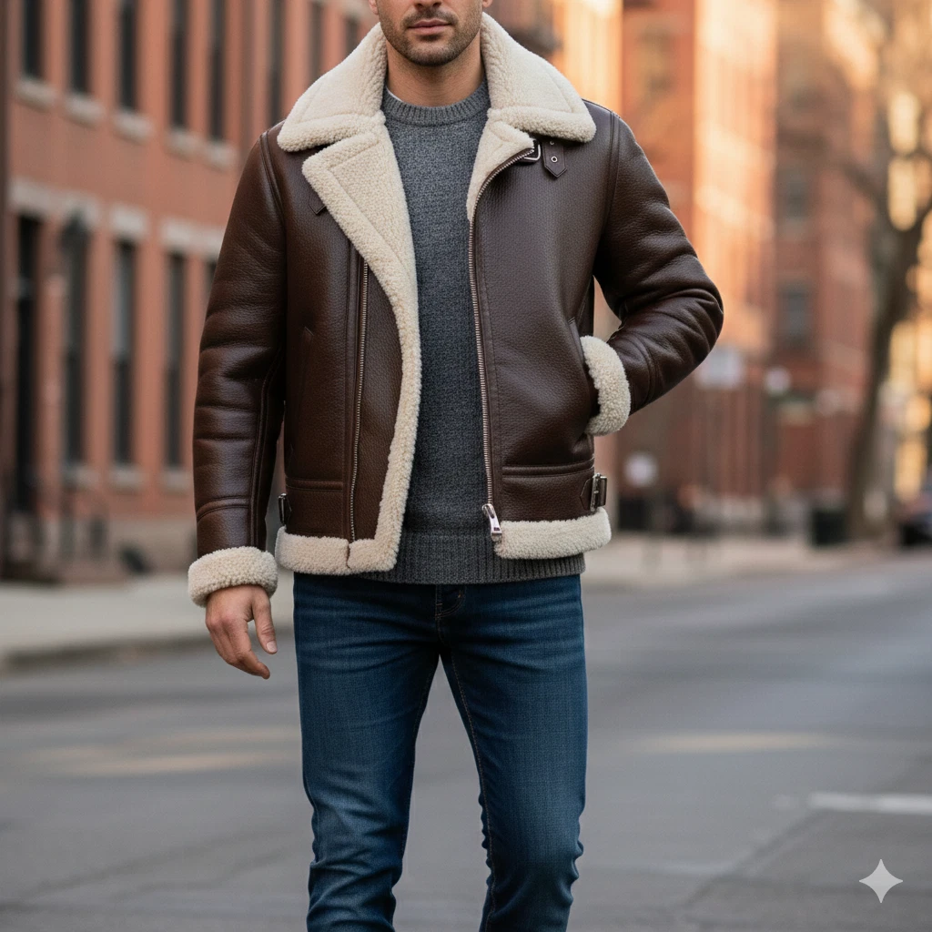 Men’s Brown Leather Shearling Jacket B3 Aviator Pilot Flight Fur Coat