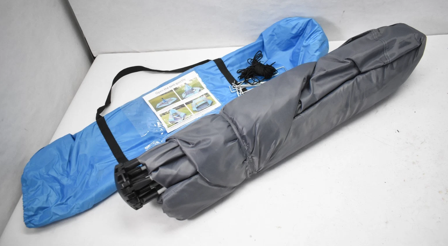 Pop Up Tent Blue/Silver/Gray Multi Person w Stakes & Tie Down Ropes Set