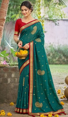 Utsav Fashion Teal Green Gold Embroidered Saree Sari Red Blouse Indian