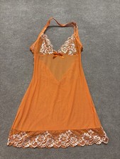 Orange Lace Mesh Chemise Slip Dress Lingerie Floral Trim Size Small 0881