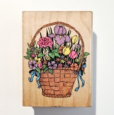 FLOWER BASKET Hero Arts Rubber Stamp Garden Iris Tulip Rose Cosmos Ribbons z999