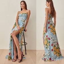 Reformation Ingrid Blue Florist Floral Print Sleeveless Slit Maxi Dress, 8 0854