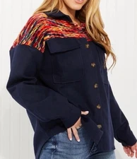 Davi & Dani Shacket Womens Size 2XL Blue Button Up Shirt Jacket Rainbow Shoulder