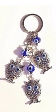 Lucky Three Owls Hanging Key Chain Ring Feng Shui Blue Evil Eye Protection NEW