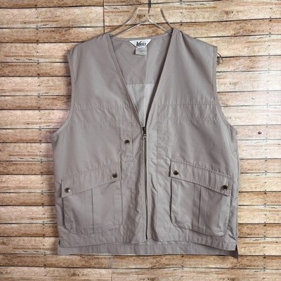 Vintage REI Men L Khaki Beige Canvas Fishing Photography Travel Safari Zip Vest