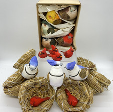 Lot Craft of 14 Flocked Birds and 12 Grass Nests Cardinals, Blue Jays, Chickadee