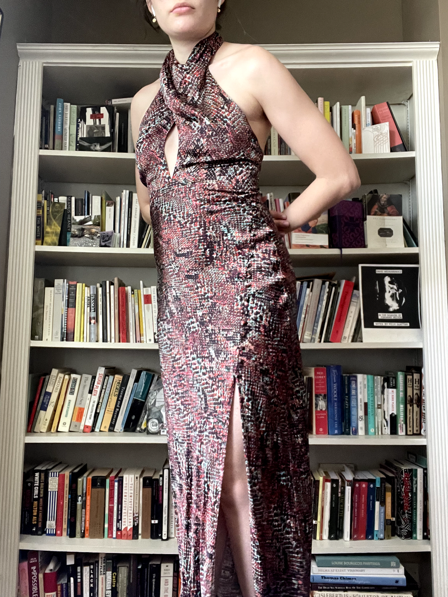 NICHOLAS Snake Print A-Lin Cross Over Halter Silk Midi Dress w/High Slit  Size 4