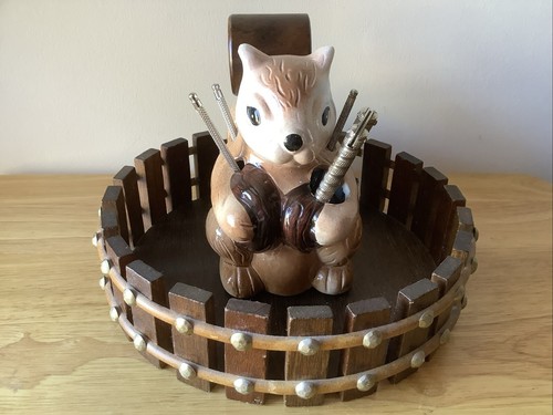 Vintage Nutcracker Ceramic Squirrel and Wooden Bowl with Tools 70s - Picture 2 of 18