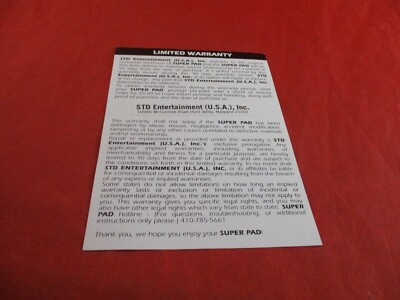 STD Entertaiment Nintendo SNES Super Pad Controller Limited Warranty Insert ONLY
