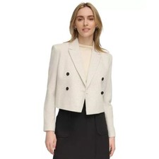 NWT Calvin Klein Women's Size 2 Double-Breasted Tweed Blazer in Cream Black