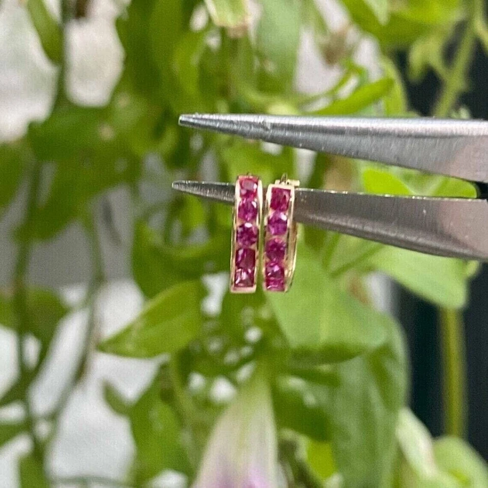 1.20Ct Round Cut Created Ruby Women's Huggie Hoop Earring 14k Yellow Gold Finish - Image 3 of 4