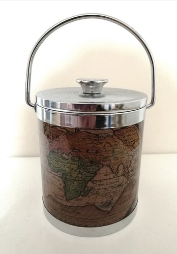 Retro 1970's Style Metal World Map ICE BUCKET & Handle 18 cm Tall Made In Japan - Picture 2 of 11