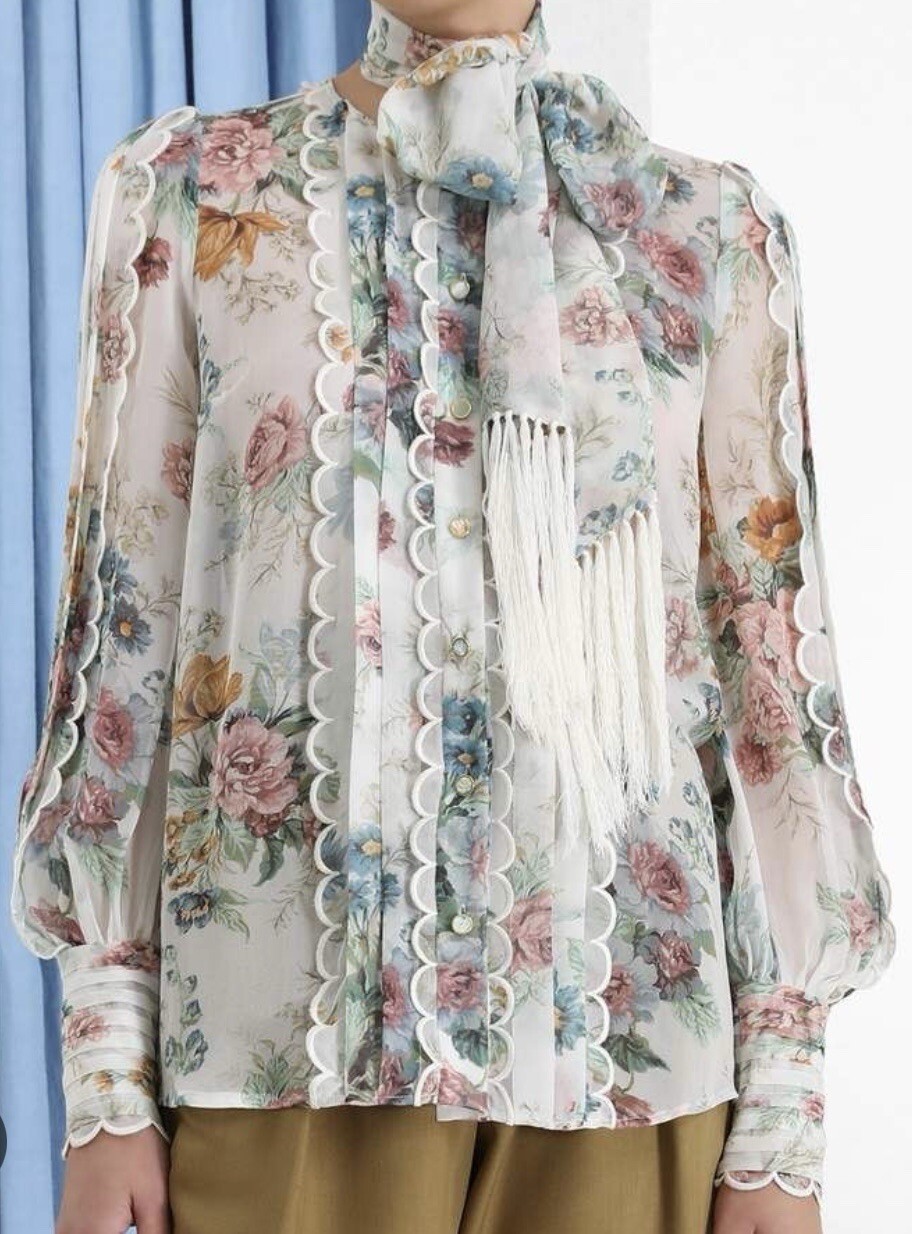 Zimmermann Wavelength Floral Print Silk Blouse Scallop Necktie Scarf Top Fringe