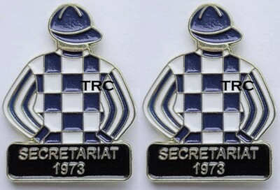 LOT OF 2 SECRETARIAT 1973 HORSE RACING JOCKEY SILKS LAPEL PINS! MEADOW STABLE