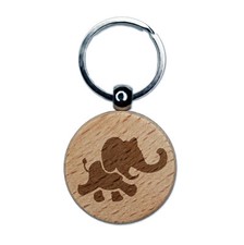 Marching Baby Elephant Engraved Wood Round Keychain Tag Charm