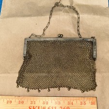 Vintage Antique GERMAN SILVER Mesh Evening Bag Ornate Hanging Beads 6 X6 Inches