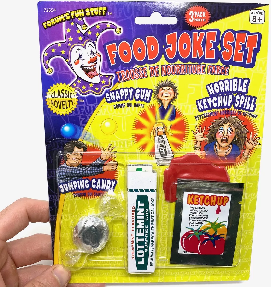 Food Joke Prank Novelty GaG Joke Set Snap Gum Jumping Candy Ketchup Spill