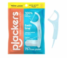 75 Ct Plackers Twin-Line Dental Flossers, Cool Mint Flavor, Dual Action Flossing