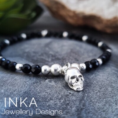 925 Sterling Silber Schwarz Onyx TOTENKOPF Armband 925 PERLEN Stapler von INKA