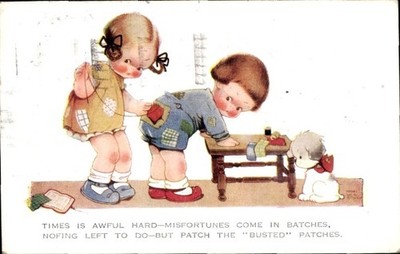 Künstler Ak Attwell, Mabel Lucy, Mädchen näht Hose von einem Jungen - 4602535