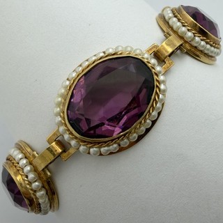 RARE VTG VICTORIAN REVIVAL DANECRAFT GOLD FILLED AMETHYST PASTE PEARL BRACELET