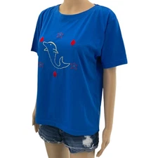 VINTAGE Crystal Kobe LARGE Blue Dolphin Sea Seashell Embroidered Tee Shirt